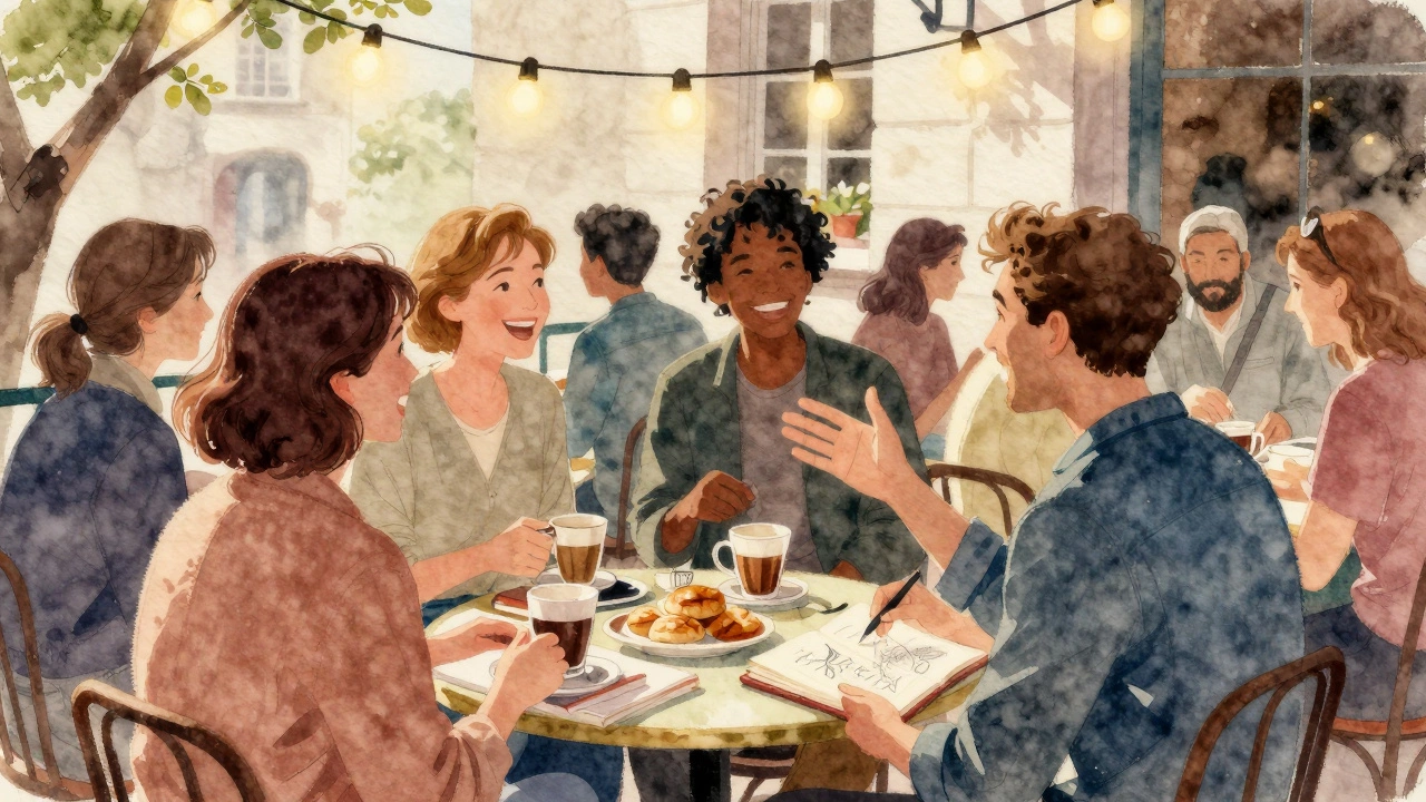 A diverse group of people laughing together over coffee at an outdoor Parisian meetup.