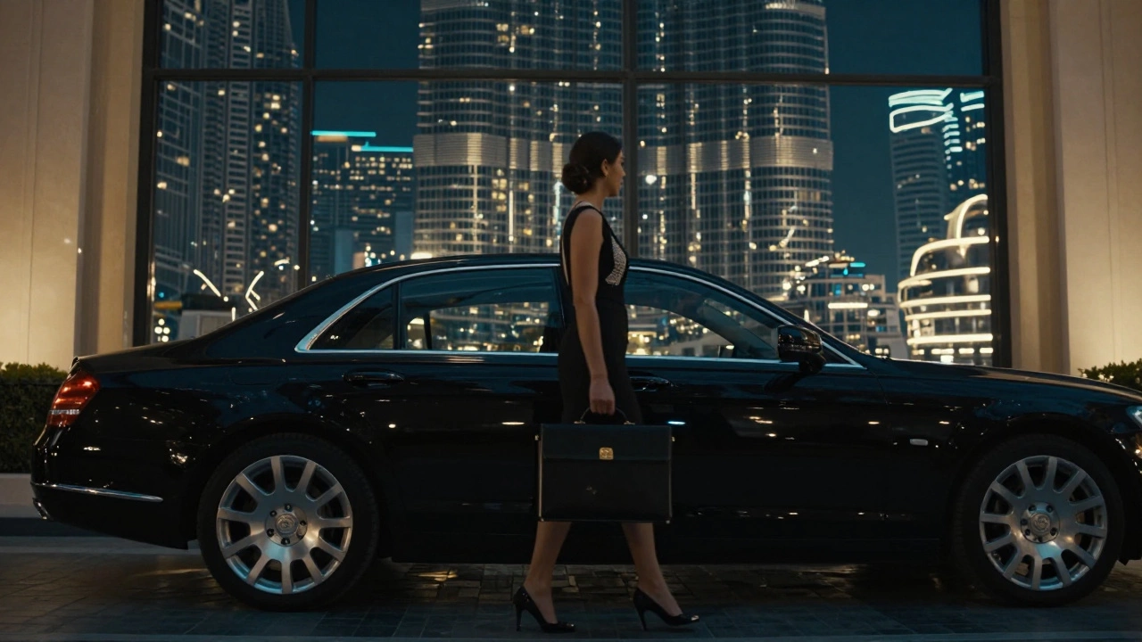 A professional woman entering a luxury hotel in Dubai, discreet and unseen.