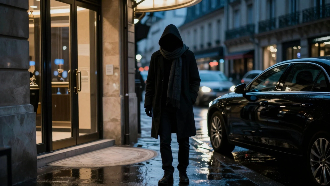A shadowy figure near a luxury hotel entrance in Paris, blurred city lights reflecting on wet pavement.
